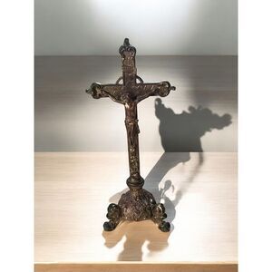 Antique Brass Jesus on Cross Statue from Church